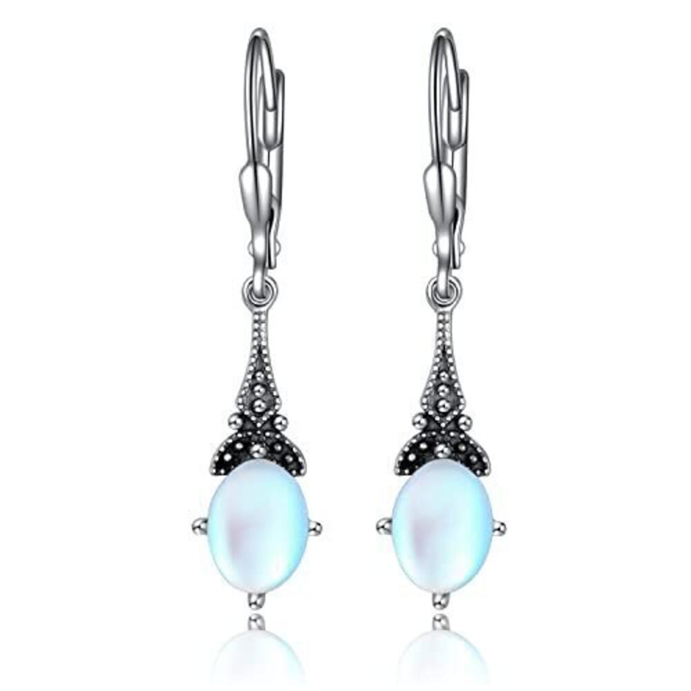 7266 Moonstone Earrings Sterling Silver Vintage Leverback Drop Dangle